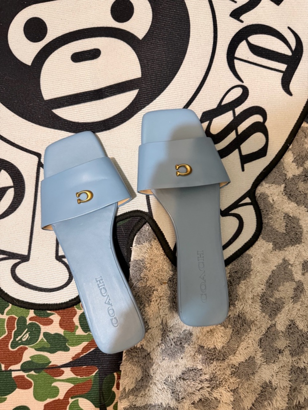 Coach Women's Pale Blue Leather Slide Mules with Gold 'C' Accent